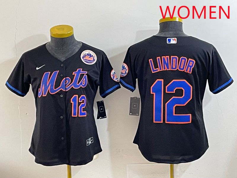 Women 2025 New York Mets #12 Lindor Black Game Nike MLB Jersey style 2